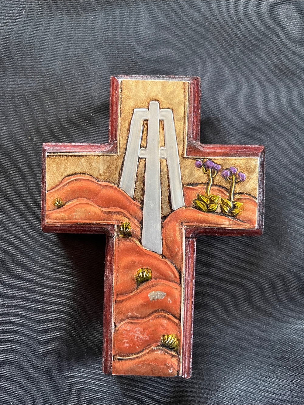 2010 Veronica & Gabriel Sandoval SIGNED Metal Folk Art Wood Cross Wall 5.5” X 4”
